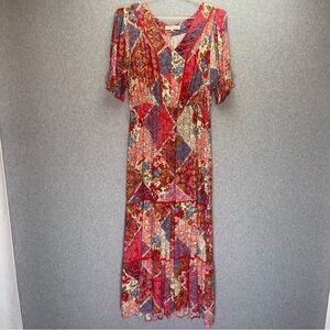 Une Ame Cottagecore Patchwork Floral V-Neck 1/4 Sleeve Maxi Dress